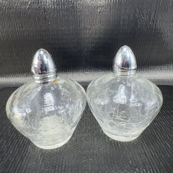 Vintage Irice Clear Crackled Glass Salt And Pepper Shaker Set 2 Metal Lids VTG - Picture 1 of 7